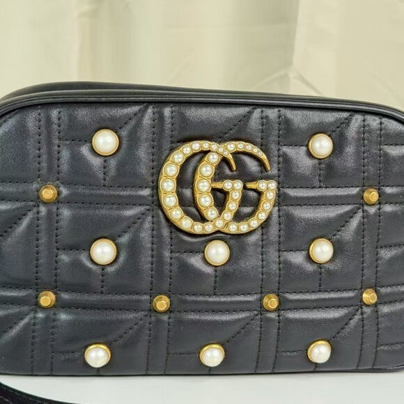 Gucci Black Leather Marmont Shoulder Bag Crossbody with Pearl Embellished - Picture 6 of 9